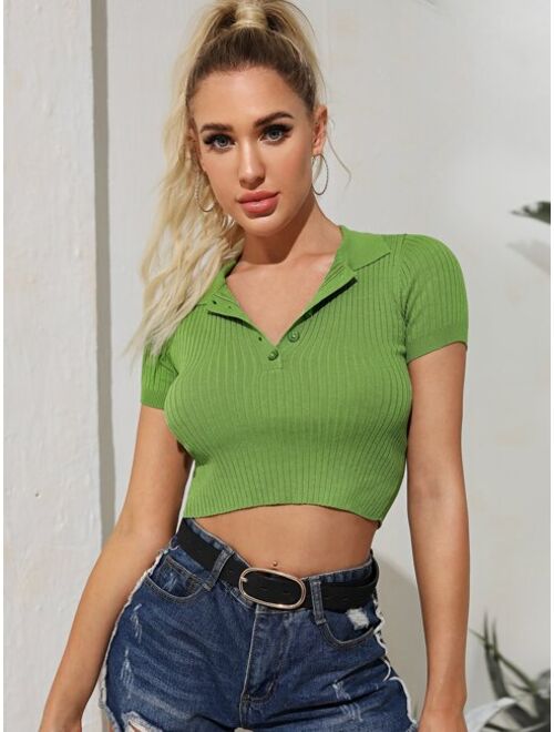 Buy Half Button Ribknit Crop Top online Topofstyle