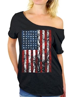 Awkwardstyles American Flag Distressed Off Shoulder Tops T-Shirt + Bookmark