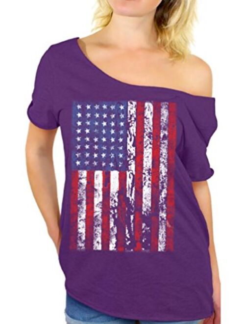 Awkwardstyles American Flag Distressed Off Shoulder Tops T-Shirt + Bookmark