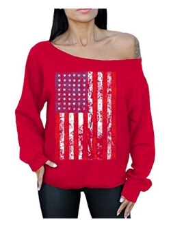 American Flag Distressed 4th July Off The Shoulder Oversized Sweater Sweatshirt