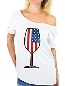 Women's USA Wine Glass Off The Shoulder Tops for Women T Shirts Gifts for 4th of July Party American Flag