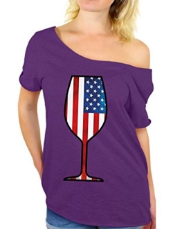 Women's USA Wine Glass Off The Shoulder Tops for Women T Shirts Gifts for 4th of July Party American Flag