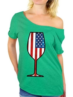 Women's USA Wine Glass Off The Shoulder Tops for Women T Shirts Gifts for 4th of July Party American Flag