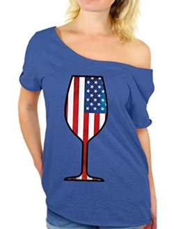 Women's USA Wine Glass Off The Shoulder Tops for Women T Shirts Gifts for 4th of July Party American Flag