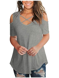 SMALNNIE Women's Criss Cross Cold Shoulder V Neck Short Sleeve Summer T Shirts