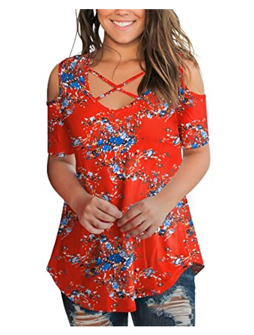 SMALNNIE Women's Criss Cross Cold Shoulder V Neck Short Sleeve Summer T Shirts