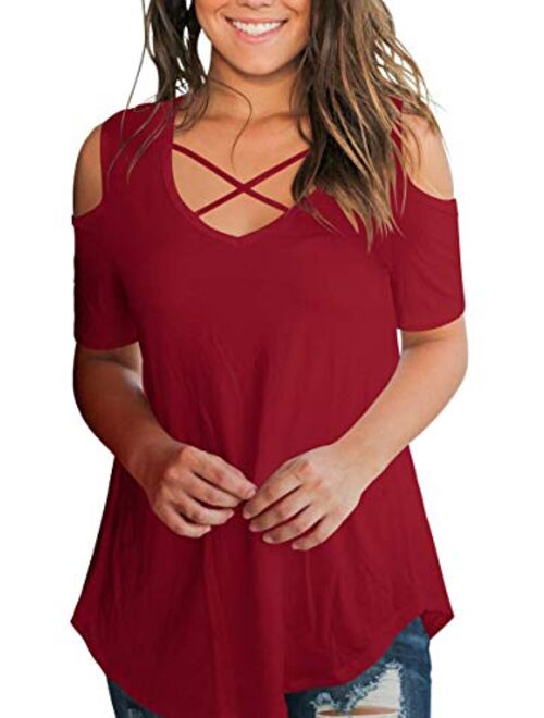 SMALNNIE Women's Criss Cross Cold Shoulder V Neck Short Sleeve Summer T Shirts