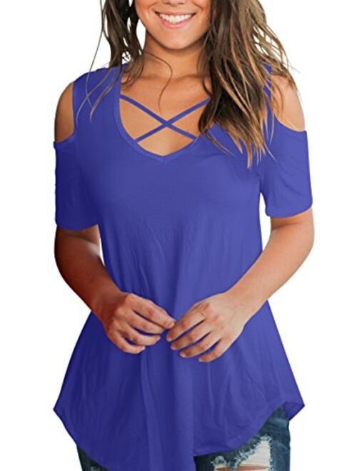 SMALNNIE Women's Criss Cross Cold Shoulder V Neck Short Sleeve Summer T Shirts