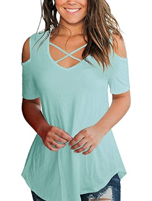 SMALNNIE Women's Criss Cross Cold Shoulder V Neck Short Sleeve Summer T Shirts