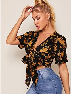 Women's Summer Printed V Neck Bow Tie Crop Top Blouse