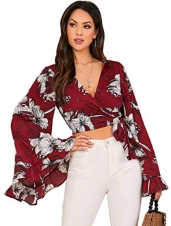 Women's Summer Printed V Neck Bow Tie Crop Top Blouse