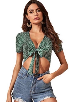 Women's Summer Printed V Neck Bow Tie Crop Top Blouse