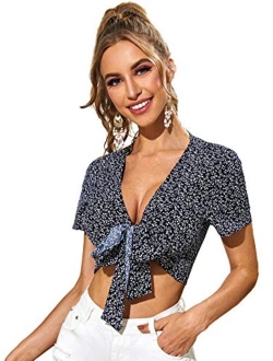 Women's Summer Printed V Neck Bow Tie Crop Top Blouse