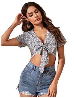 Women's Summer Printed V Neck Bow Tie Crop Top Blouse