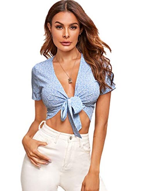 Floerns Women's Summer Printed V Neck Bow Tie Crop Top Blouse