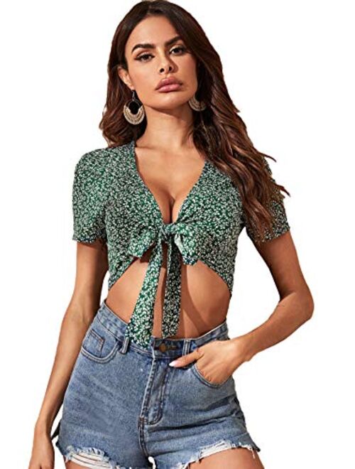 Floerns Women's Summer Printed V Neck Bow Tie Crop Top Blouse