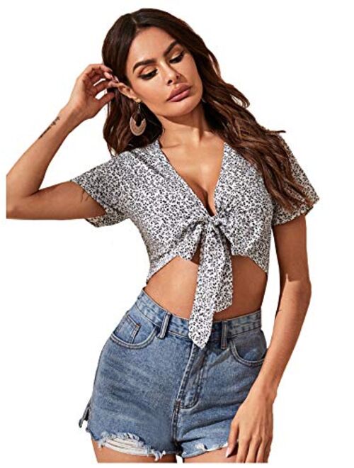 Floerns Women's Summer Printed V Neck Bow Tie Crop Top Blouse