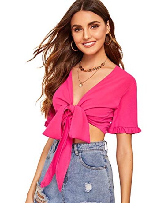 Floerns Women's Summer Printed V Neck Bow Tie Crop Top Blouse