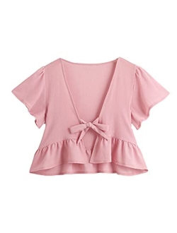 Women's Short Sleeve Deep V Neck Self Tie Front Crop Top Blouse