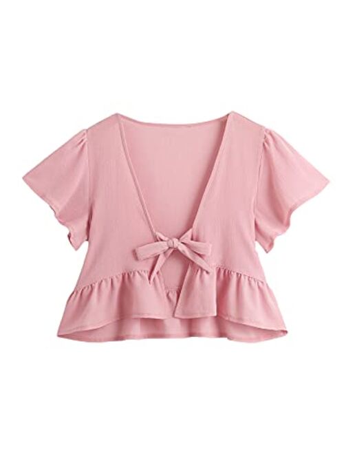 SweatyRocks Women's Short Sleeve Deep V Neck Self Tie Front Crop Top Blouse