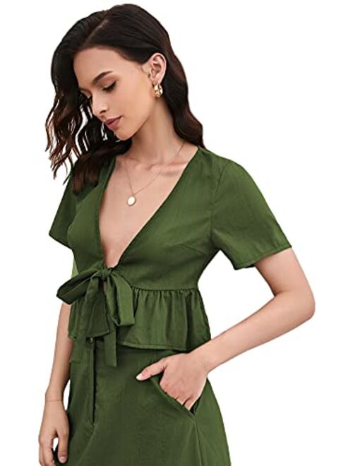 SweatyRocks Women's Short Sleeve Deep V Neck Self Tie Front Crop Top Blouse