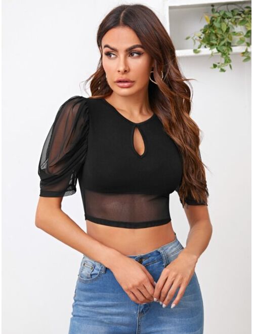 Buy Shein Keyhole Back Mesh Panel Sheer Back Crop Top online | Topofstyle