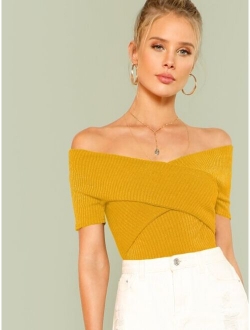 Cross Wrap Bardot Ribbed Top