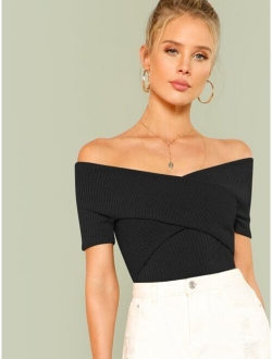 Cross Wrap Bardot Ribbed Top