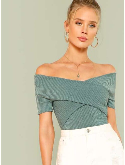 Shein Cross Wrap Bardot Ribbed Top