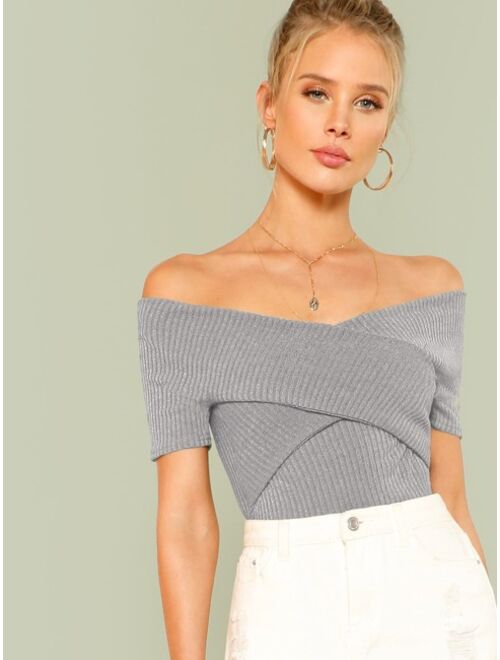 Shein Cross Wrap Bardot Ribbed Top