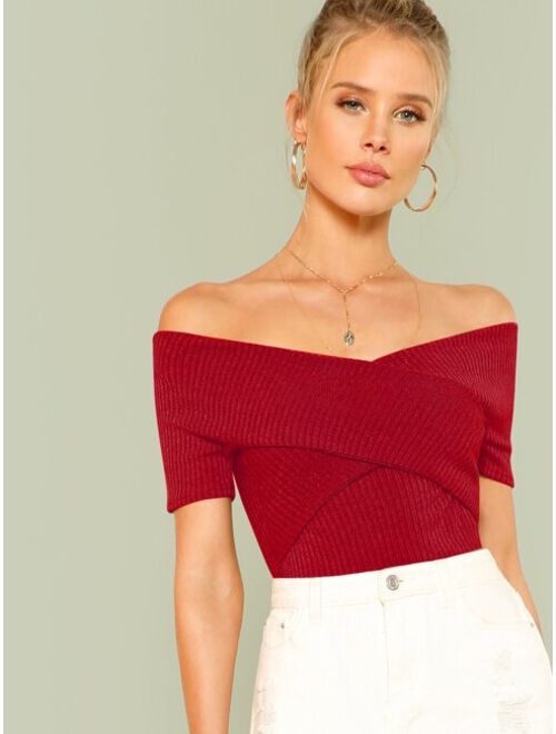 Shein Cross Wrap Bardot Ribbed Top