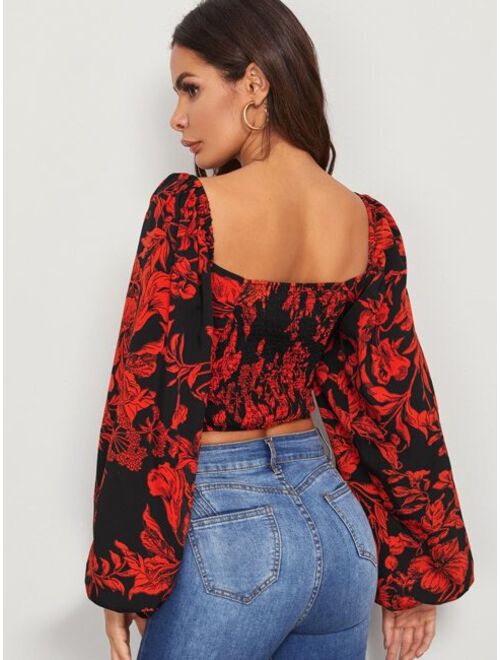 Shein Tie Front Shirred Detail Bishop Sleeve Floral Crop Top