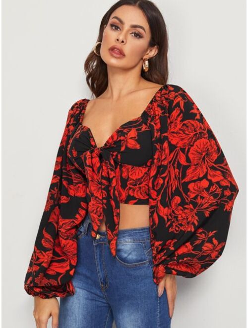 Shein Tie Front Shirred Detail Bishop Sleeve Floral Crop Top