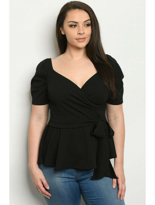 Womens Plus Size Black Wrap Style Peplum Top 1X Sweetheart Neckline Tie Accent