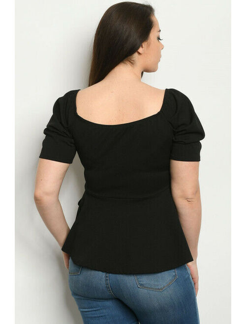 Womens Plus Size Black Wrap Style Peplum Top 1X Sweetheart Neckline Tie Accent