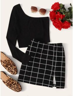 One-Shoulder Crop Top & Grid Mini Skirt Set