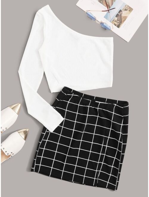 Shein One-Shoulder Crop Top & Grid Mini Skirt Set