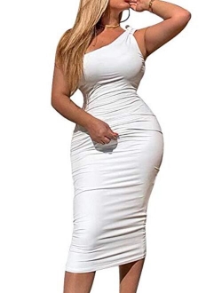 LCNBA Women's Casual Basic One Shoulder Bodycon Sleeveless Midi Club Dress