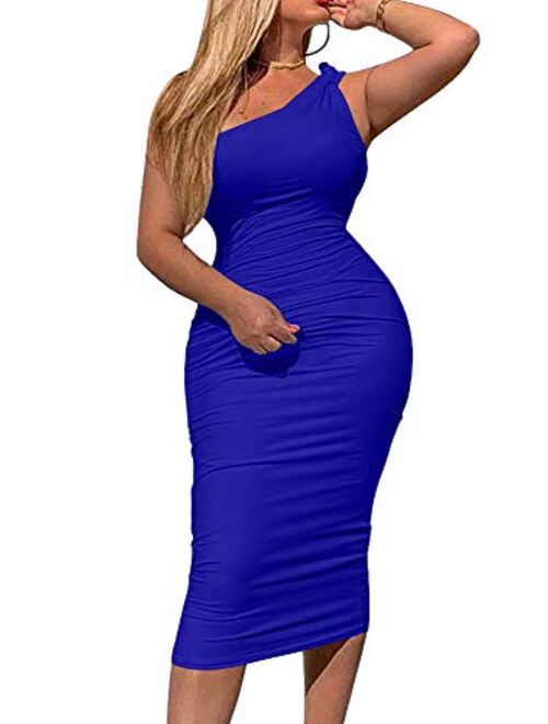 LCNBA Women's Casual Basic One Shoulder Bodycon Sleeveless Midi Club Dress