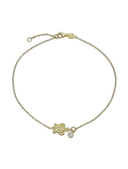 Nautical Turtle Marine Life CZ Accent Anklet Ankle Bracelet For Women Gold Plated 925 Sterling Silver Adjustable 9 To 10 IN