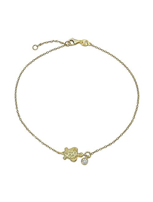 Nautical Turtle Marine Life CZ Accent Anklet Ankle Bracelet For Women Gold Plated 925 Sterling Silver Adjustable 9 To 10 IN