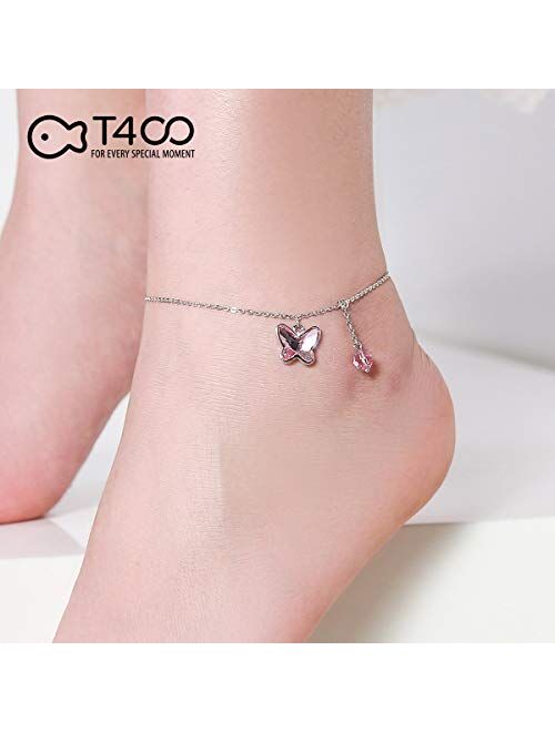 T400 925 Sterling Silver Blue Pink Butterfly Crystal Anklet Foot Chain Birthday Gift for Girls Women