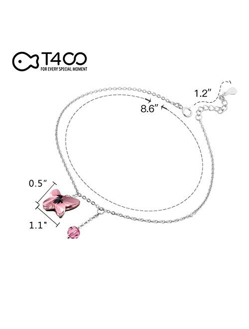 T400 925 Sterling Silver Blue Pink Butterfly Crystal Anklet Foot Chain Birthday Gift for Girls Women