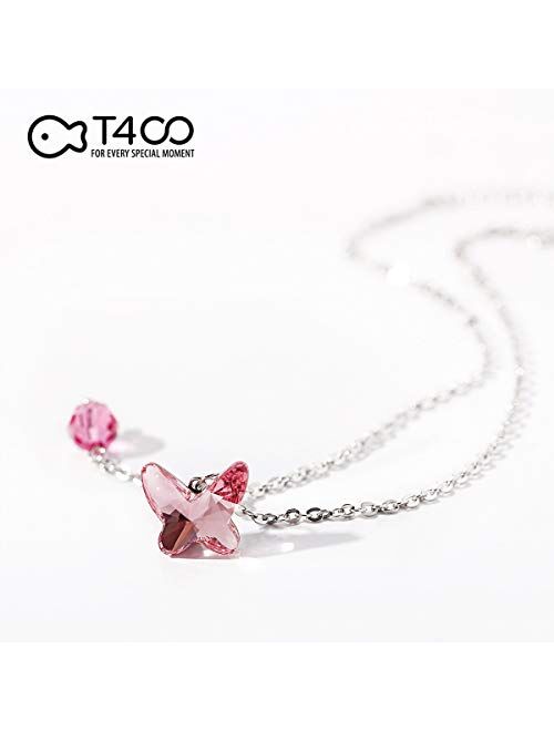 T400 925 Sterling Silver Blue Pink Butterfly Crystal Anklet Foot Chain Birthday Gift for Girls Women