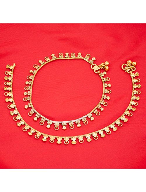 Duel On Jewel Pakistani Indian Gold Plated Bridal Ethnic Payal Anklet Pair in Cubic Zircon Gift for Her