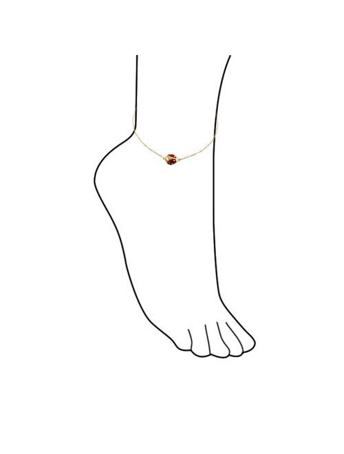 Red Ladybug Garden Charm Anklet Link Ankle Bracelet For Women 14K Gold Plated 925 Sterling Silver 9 To 10 Inch Extender