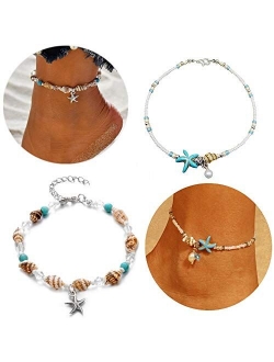 SEVENSTONE Handmade Starfish Turtle Anklet Beads Sea Boho Pearl Charm Anklets Foot Jewelry for Women