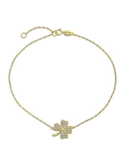 CZ Shamrock Four Leaf Clover Anklet For Teen Ankle Bracelet For Women 14K Gold Plated Sterling Silver 9-10 Inch Extender