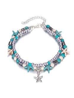 Kucheed Boho Anklets Blue Starfish Turtle Multi-Layer Charm Beads Beach Handmade Anklet Foot Jewelry Gifts for Women Girls