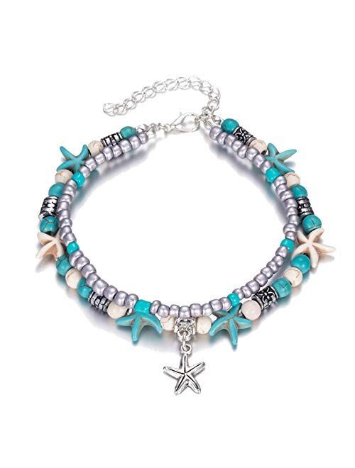 Kucheed Boho Anklets Blue Starfish Turtle Multi-Layer Charm Beads Beach Handmade Anklet Foot Jewelry Gifts for Women Girls